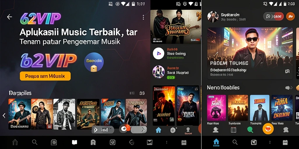 Screenshot utama 62VIP menampilkan pengguna menikmati musik dengan antarmuka interaktif.
