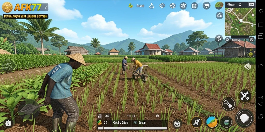 Tampilan gameplay AFK77 dengan berbagai tanaman dan hewan peliharaan.
