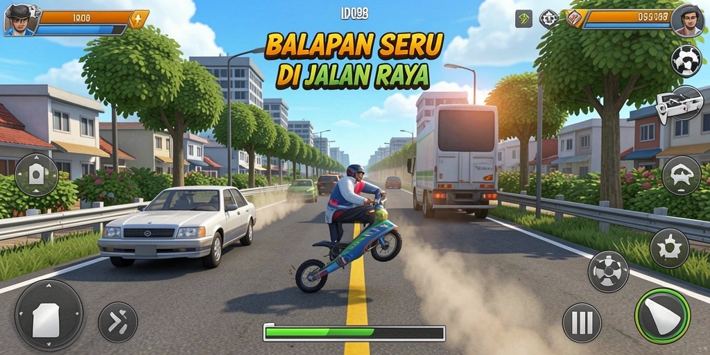 Gameplay utama ID098 yang menampilkan aksi balapan yang mendebarkan.