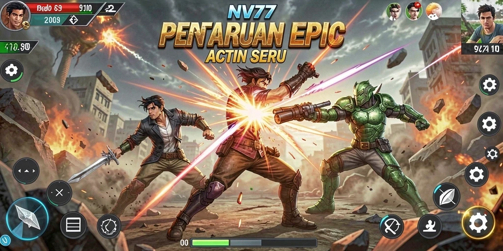 Screenshot gameplay NV77 menampilkan pertarungan seru dan karakter unik.