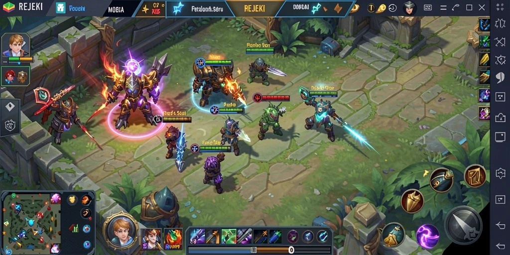 Tampilan seru dari gameplay <strong>REJEKI</strong> di arena MOBA.