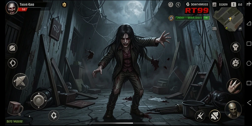 Screenshot gameplay RT99 menampilkan suasana menyeramkan dan penuh ketegangan.
