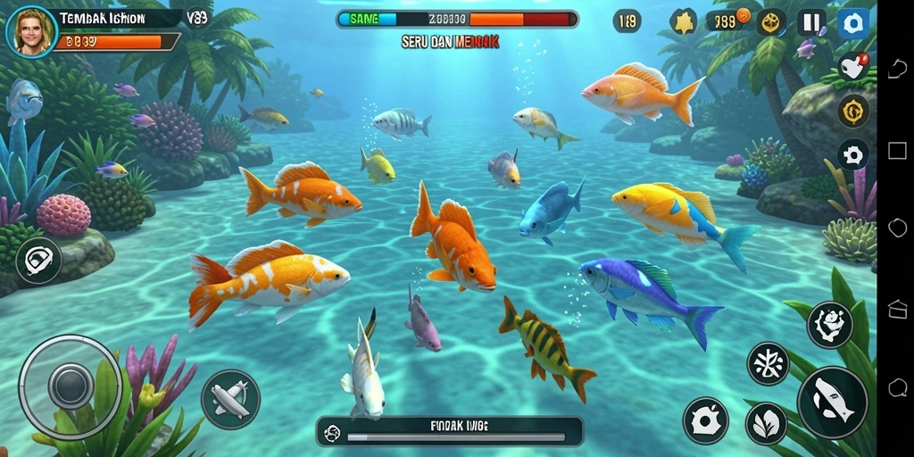Screenshot gameplay V89 menunjukkan sensasi menembak ikan.