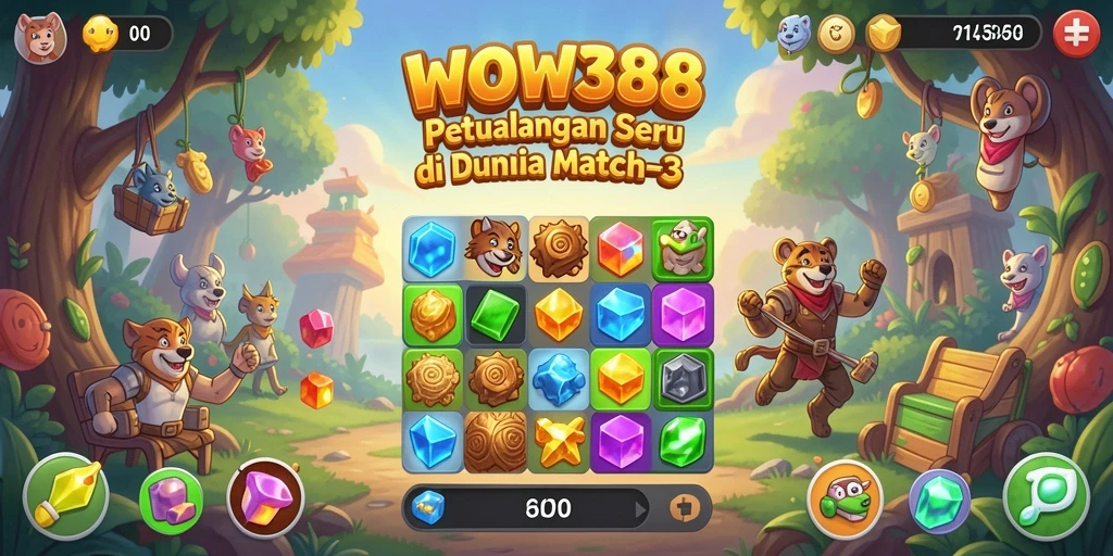 Screenshot gameplay WOW388 menampilkan aksi mencocokkan item Match-3.